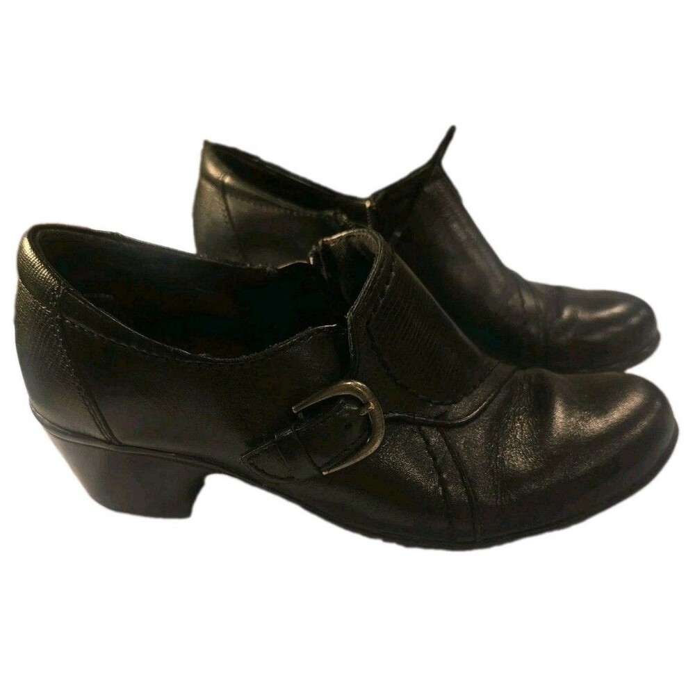 Clarks Women's Black Leather Monk Strap Comfort Shoes 6.W Wide Low Heel